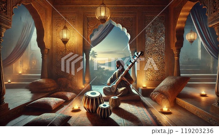 インディアンタブラとサロードの神秘的な風景 119203236