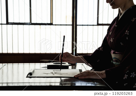 書道をする外国人女性 119203263