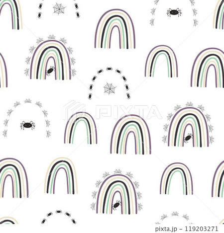 Halloween rainbow seamless pattern, simple hand drawn repeat illustration in trendy pastel colors, minimalist concept perfect for textile, celebration decor, cards, gift paper, papercraft Halloween rainbow seamless pattern, simple hand drawn repeat illustration in trendy pastel colors, minimalist concept perfect for textile, celebration decor, cards, gift paper, papercraft 119203271