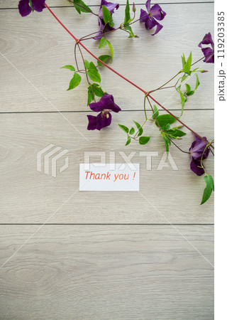 branch of blooming purple clematis, on a light wooden table branch of blooming purple clematis, on a light wooden table 119203385