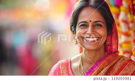 A joyful Indian woman in vibrant traditional attire beams with happiness 119203981