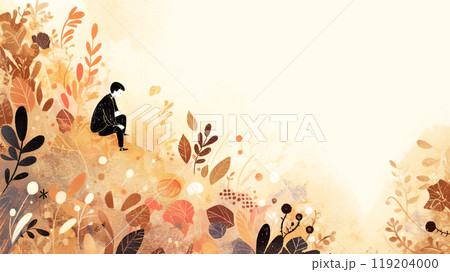 A whimsical illustration of a figure lost in thought amidst a gentle, autumnal backdrop 119204000