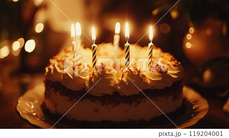 Celebrate in style with this enchanting image of a candlelit cake, 119204001