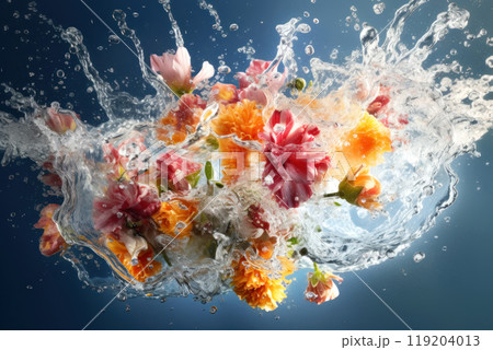 Vibrant flowers burst with color as they dance amidst an effervescent water splash 119204013