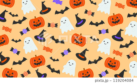 かわいいハロウィンのベクターオレンジ背景イラスト素材【横長】 119204084