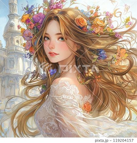 油絵風デジタルアート作品⭐︎白いドレスの美しい女性⭐︎ 美しい白いドレスを着た若い女性のイラスト素材 [119204157] - PIXTA