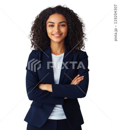 Confident businesswoman in a formal suit standing with arms crossed against a plain background 119204307