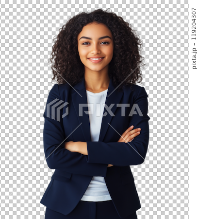 Confident businesswoman in a formal suit standing with arms crossed against a plain background 119204307