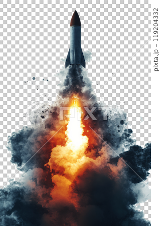 Rocket launch with explosive ascent against a clear background depicting power and motion 119204332