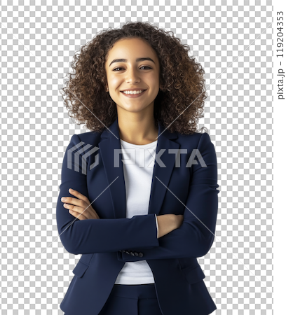 Confident businesswoman in a formal suit standing with arms crossed against a plain background 119204353