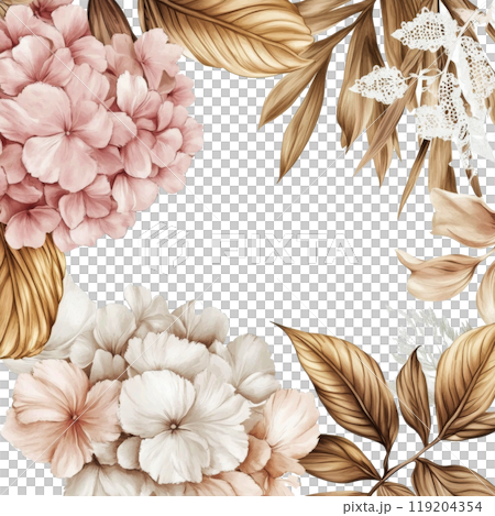Elegant floral arrangement featuring pink flowers and gold leaves on a soft background 119204354