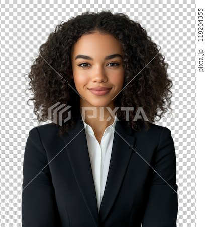 Professional business portrait of a smiling woman in a black suit against a white background 119204355