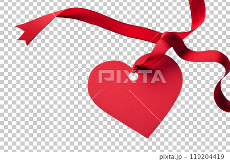 Red heart-shaped tag with a ribbon on a white background for Valentines Day or love occasions 119204419