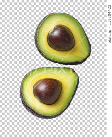 Ripe avocados cut open to reveal creamy interior and seed on a white background 119204422