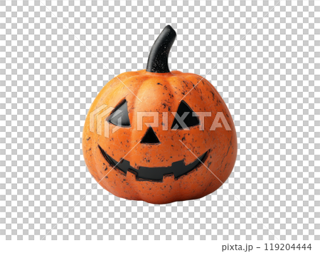 A carved pumpkin with a smiling face on a plain white background for Halloween decoration 119204444