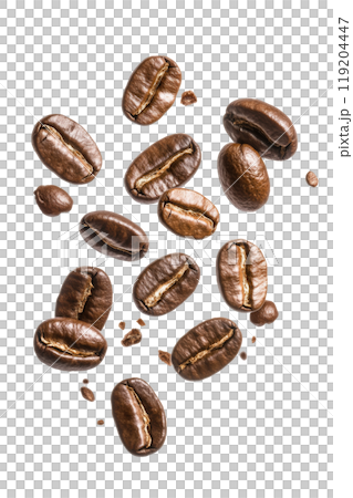 Coffee beans in mid-air showcasing their rich color and texture against a plain backdrop 119204447