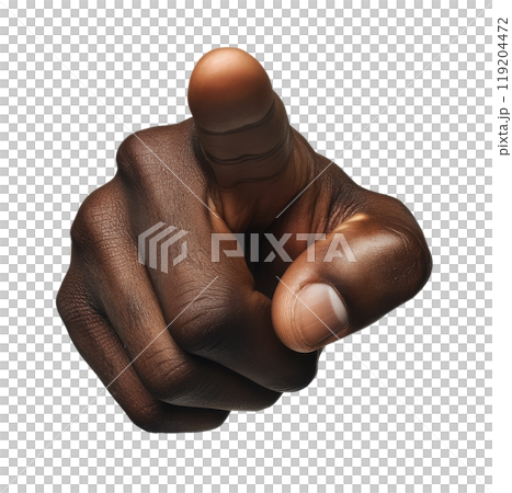 A persons hand giving a thumbs down gesture against a white background 119204472