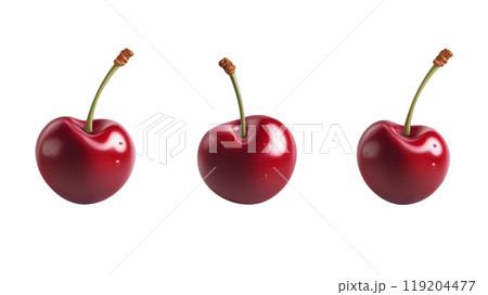 Three vibrant red cherries with stems arranged neatly on a white background 119204477