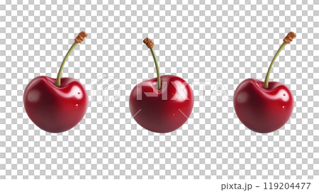 Three vibrant red cherries with stems arranged neatly on a white background 119204477