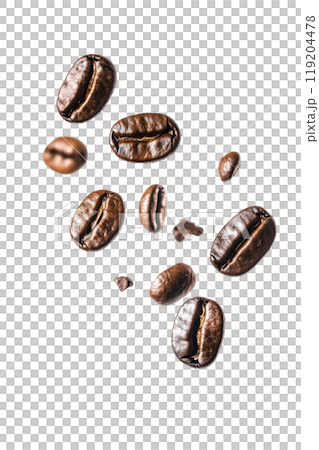 Coffee beans in mid-air showcasing their rich color and texture against a plain backdrop 119204478