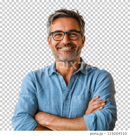 A smiling middle-aged man with glasses wears a blue shirt, arms crossed in a bright setting A smiling middle-aged man with glasses wears a blue shirt, arms crossed in a bright setting 119204510