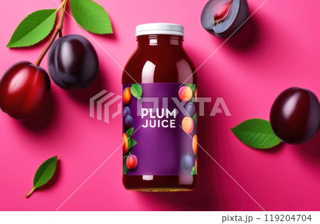 Plum juice bottle set against a vibrant pink background, surrounded by fresh plums 119204704