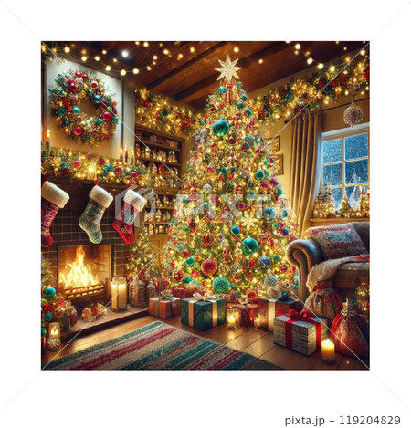暖炉と豪華な装飾のクリスマスツリー　暖かなダイニングルーム　Generative AIイラスト 119204829