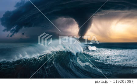 Dramatic tornado above the ocean during a thunderstorm creating big tsunami waves. Weather disasters caused by the global climate change. Environmental problem concept 119205087