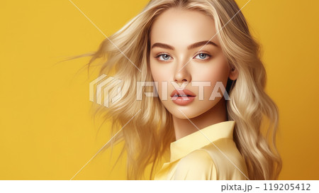 Portrait of a beautiful, sexy, smiling, happy blonde Asian woman with perfect skin, yellow background, banner. 119205412