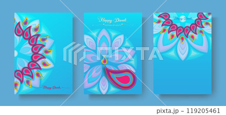 Happy Diwali Festival of Lights India Celebration set colorful template. Vertical banner design of Indian Diya Oil Lamps, Gradient Design in blue color. Vector Indian art style, paper cut background 119205461