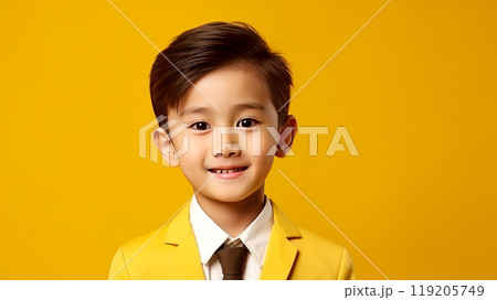 Portrait of a cute handsome happy Asian boy child with perfect skin, yellow background, banner. Portrait of a cute handsome happy Asian boy child with perfect skin, yellow background, banner. 119205749