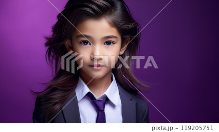 Portrait of a cute handsome happy Asian boy child with long hair and perfect skin, purple background, banner. 119205751