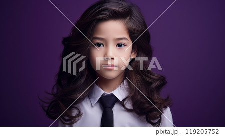Portrait of a cute handsome happy Asian boy child with long hair and perfect skin, purple background, banner. 119205752