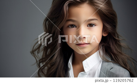 Portrait of a cute handsome happy Asian boy child with long hair and perfect skin, silver background, banner. 119205762