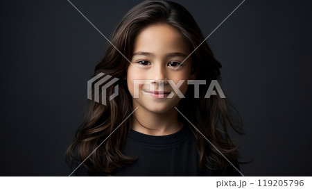 Portrait of a cute handsome happy Asian boy child with long hair and perfect skin, gray background, banner. Portrait of a cute handsome happy Asian boy child with long hair and perfect skin, gray background, banner. 119205796
