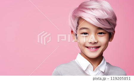 Portrait of a cute handsome happy Asian boy child blond with white hair and perfect skin, pink background, banner. 119205851