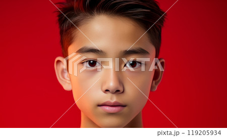 Portrait of a cute handsome happy Asian teenager guy with perfect skin, red background, banner. 119205934