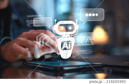 Human interact with AI artificial intelligence virtual assistant EIDE 119205993