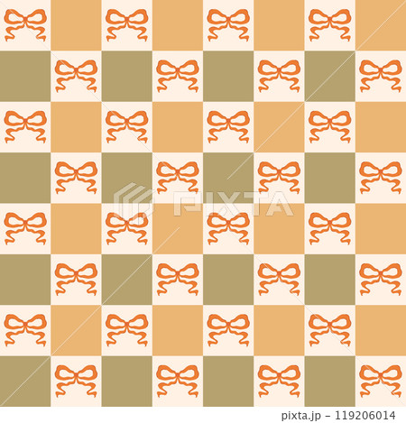 Coquette bows checkered seamless pattern. Vector hand drawn ribbon background in green and yellow colors. Coquette bows checkered seamless pattern. Vector hand drawn ribbon background in green and yellow colors. 119206014