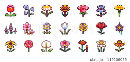 Pixel Art Flower Collection: Sunflower, Rose, Tulip, Lily, Orchid, Lavender, Iris, Sakura, Daisy, Daffodil. Red, White, Blue, Purple 8 bit Graphic Plant Elements for Spring, Summer Floral Designs.  119206056