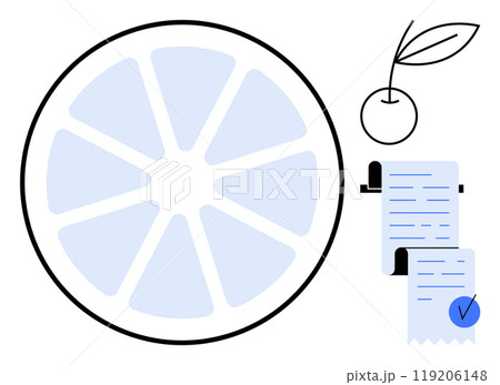 A circular fruit slice, a cherry, and a scroll-like list with a blue check mark. Ideal for healthy food choices, grocery shopping, diet plans, task lists, and balanced nutrition. Simple modern style 119206148