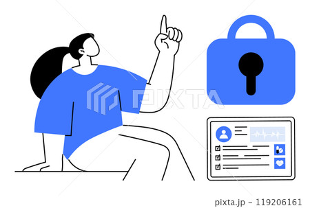 A figure pointing upwards, a large padlock sign, and a digital information card. Ideal for data privacy, cybersecurity, personal information management, digital safety, user data protection. Simple A figure pointing upwards, a large padlock sign, and a digital information card. Ideal for data privacy, cybersecurity, personal information management, digital safety, user data protection. Simple 119206161