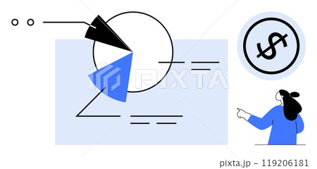 A businesswoman points at a large pie chart with multiple segments and a dollar sign icon. Ideal for business finance, data analysis, financial reports, presentations, and educational purposes A businesswoman points at a large pie chart with multiple segments and a dollar sign icon. Ideal for business finance, data analysis, financial reports, presentations, and educational purposes 119206181