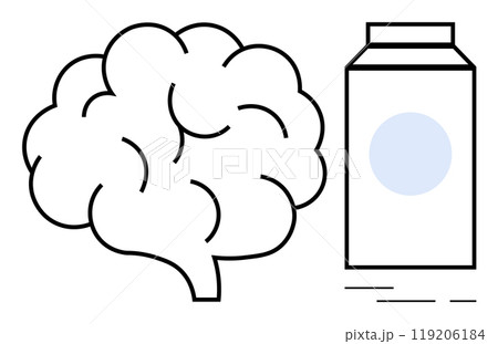 A brain and a milk carton drawn with simple lines. Ideal for nutrition, brain health, education, science communication, and cognitive development themes. Clean minimalist style 119206184