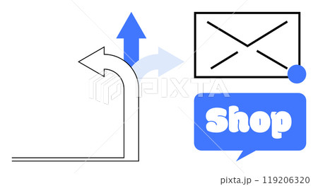 An upward arrow with a notification box featuring an envelope and another box with the text Shop. Ideal for illustrating email notifications, online shopping, communication, marketing, and navigation 119206320