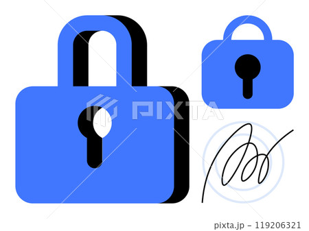 Two blue padlocks of varying sizes alongside an abstract signature in black ink. Ideal for security, confidentiality, privacy, authentication, digital signatures. Simple modern graphic 119206321