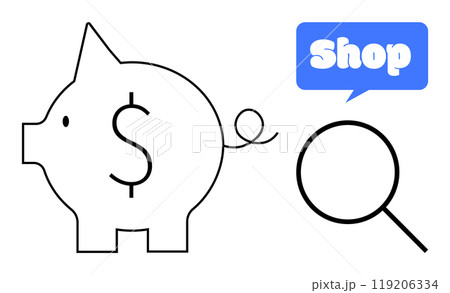 Piggy bank with dollar symbol, magnifying glass, and shop label. Ideal for themes like savings, shopping, financial growth, money management, and financial planning. Simple vector style 119206334