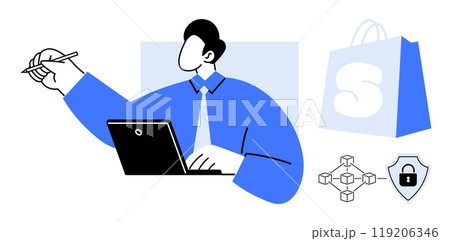 Person at a laptop holds a pen, symbolizing digital work, next to a shopping bag, blockchain network diagram, and security shield. Ideal for e-commerce, cybersecurity, blockchain technology, digital Person at a laptop holds a pen, symbolizing digital work, next to a shopping bag, blockchain network diagram, and security shield. Ideal for e-commerce, cybersecurity, blockchain technology, digital 119206346