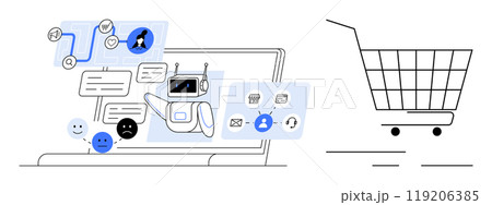 Robot chatbot interacting on laptop with speech bubbles, icons and user feedback emoticons suggesting online shopping assistance. Ideal for ecommerce, customer service, technology, automation, user 119206385