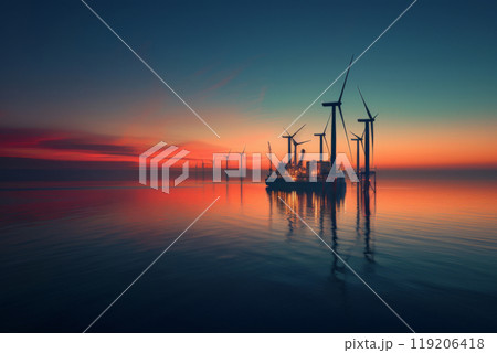 Early morning view of offshore wind farm with turbines and calm waters reflecting sunrise colors Early morning view of offshore wind farm with turbines and calm waters reflecting sunrise colors 119206418